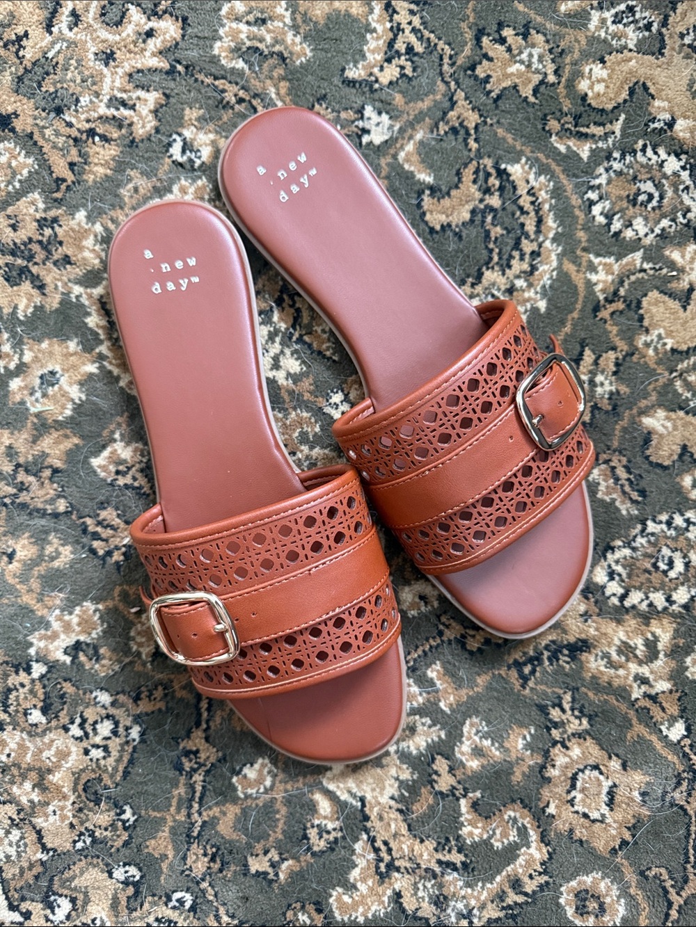 a new day Brown Perforated Slide Sandals with Buckle